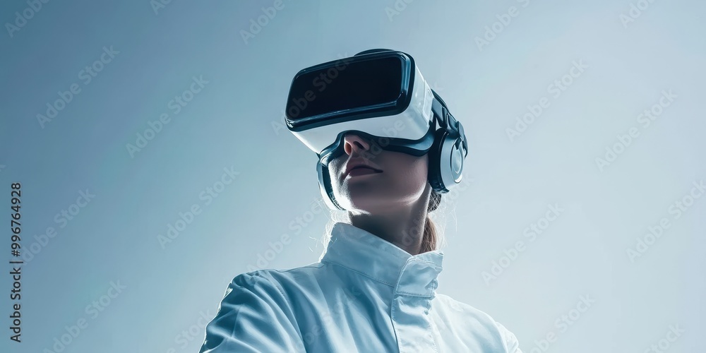 A woman wearing a virtual reality headset, immersed in an innovative digital experience, showcasing futuristic technology. A woman wearing a virtual reality headset, immersed in an innovative digital experience, showcasing futuristic technology.