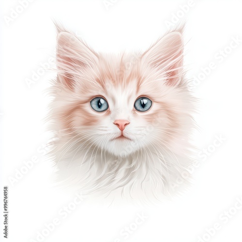 Cute fluffy cat with striking blue eyes on a white isolated background.