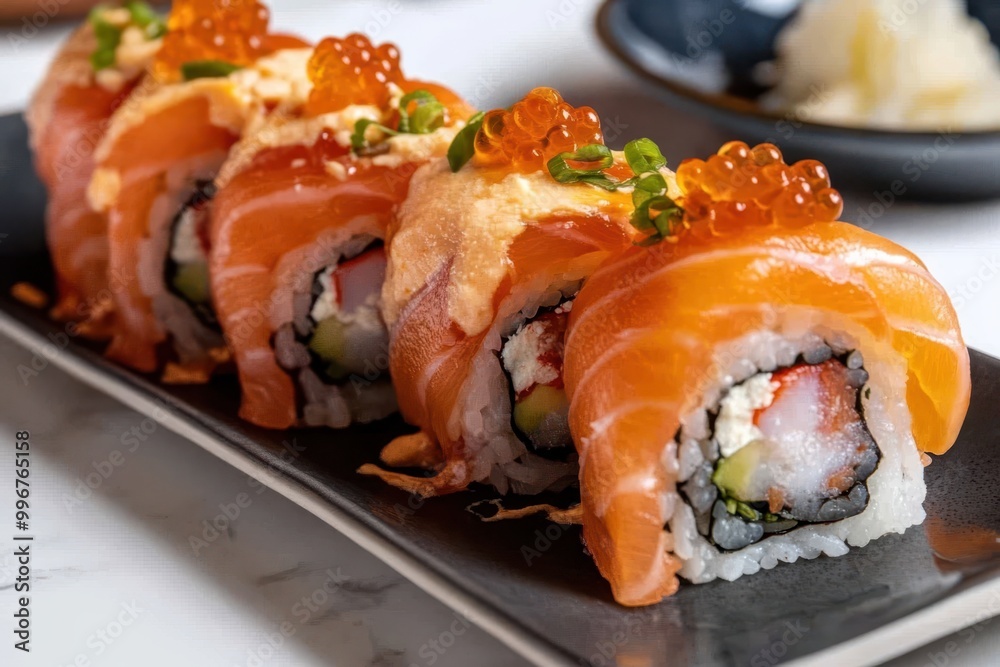 sushi rolls are arranged on a black plate sushi rolls are arranged on a black plate