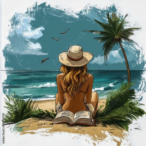 Relaxing on the Beach: A Blonde Woman Reads in Her Tropical Oasis photo