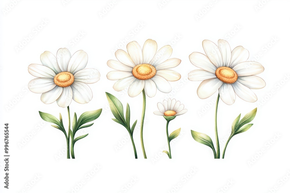 Fototapeta premium Daisies in various sizes, white background, floral illustration.