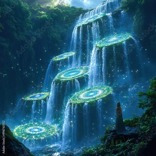 Magical Waterfall Oasis: Luminous Lights, Glowing Circles, and Enchanted Forest photo