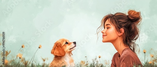 Tranquil moments with woman and dog in a sunny yellow flower field, capturing a peaceful bond between pet owner and pet. photo