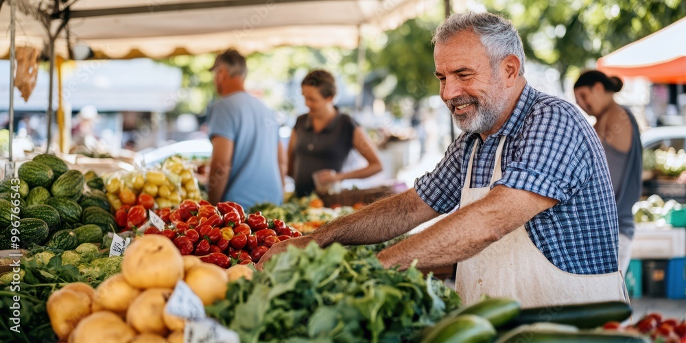 Obraz premium Smiling vendor displays fresh produce at vibrant farmers market, showcasing colorful fruits and vegetables in an inviting atmosphere.