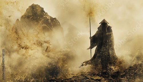 Sepiatoned samurai warrior with a long staff, mystical mountain background photo