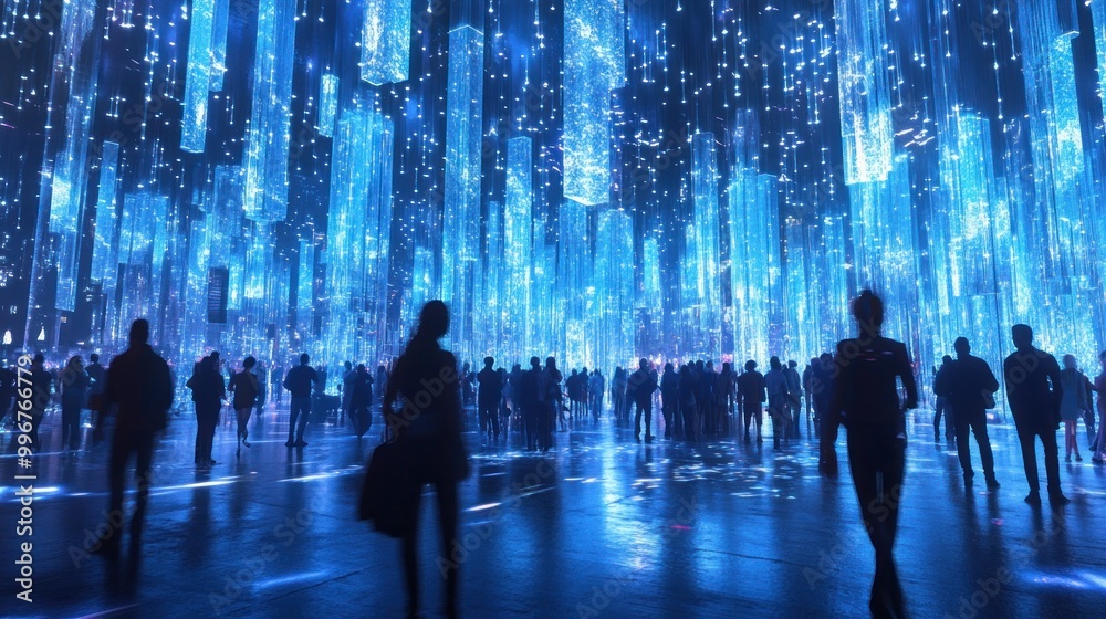 A vibrant installation with glowing blue lights and silhouettes of people exploring the space. A vibrant installation with glowing blue lights and silhouettes of people exploring the space.