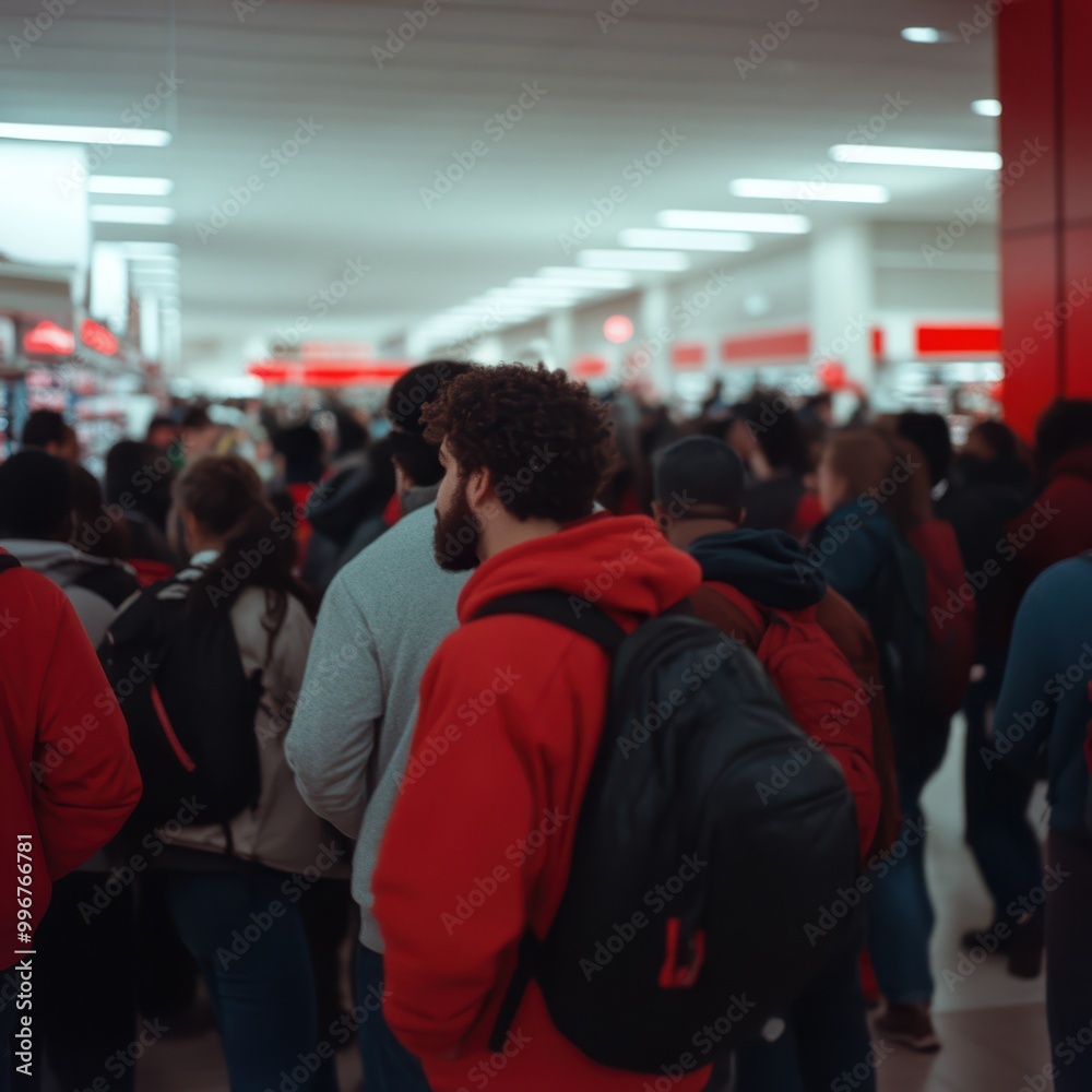 a crowd of people in a store with red and black clothing a crowd of people in a store with red and black clothing