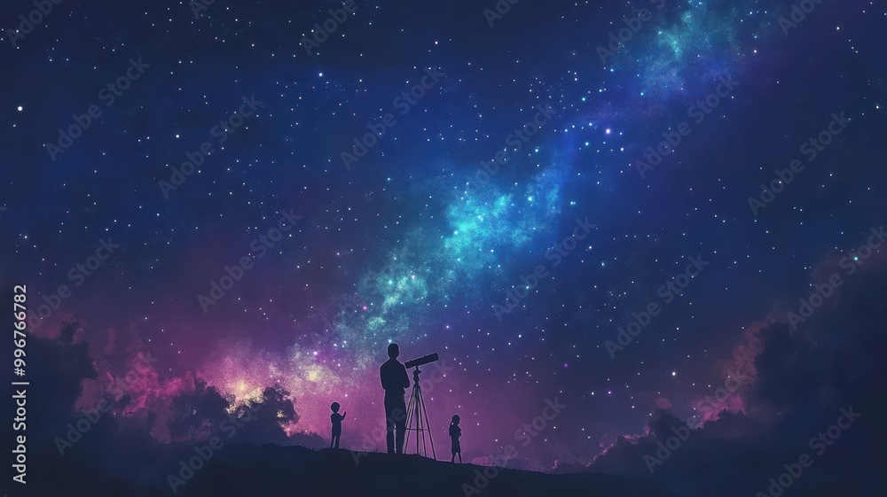 Silhouettes of people stargazing under a vibrant night sky full of stars and colors. Silhouettes of people stargazing under a vibrant night sky full of stars and colors.