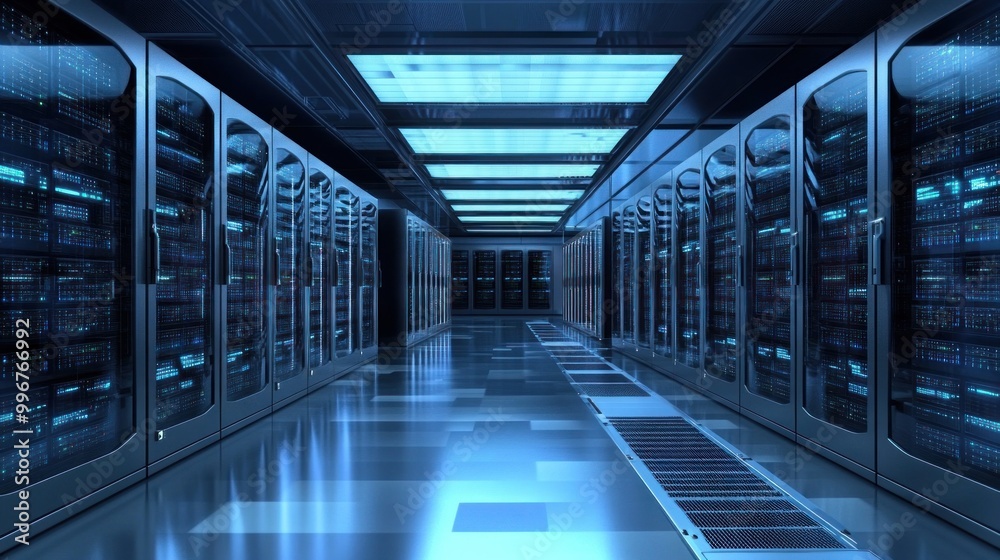 Fototapeta premium A modern data center with rows of servers and blue lighting.