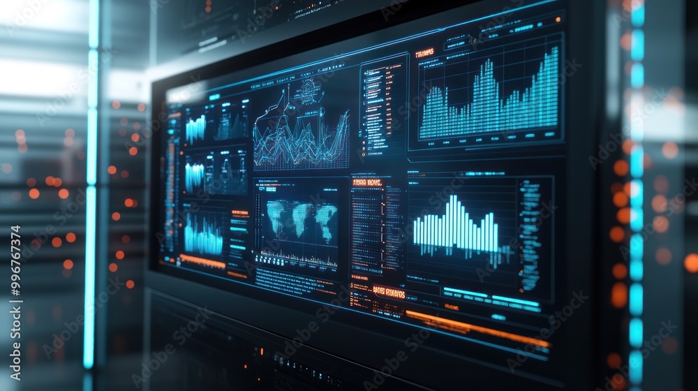 A digital dashboard displaying data analytics and visualizations in a high-tech environment. A digital dashboard displaying data analytics and visualizations in a high-tech environment.