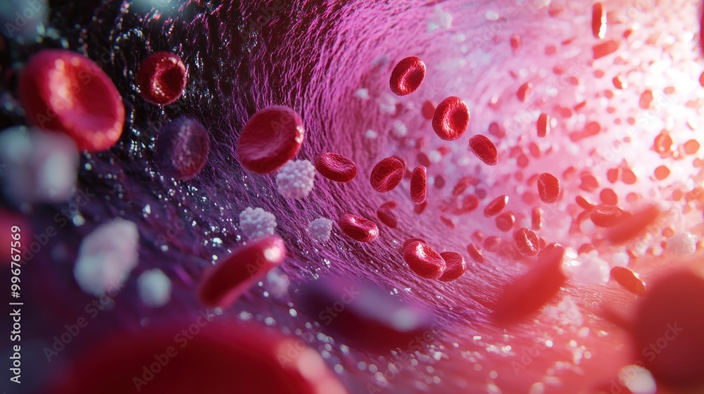 A vibrant depiction of blood cells flowing through a vessel, illustrating human biology. A vibrant depiction of blood cells flowing through a vessel, illustrating human biology.