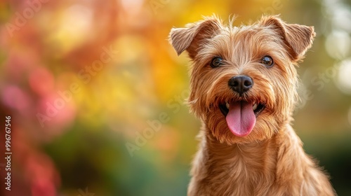 A cheerful dog with a playful expression against a colorful blurred background.