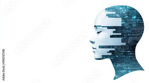Futuristic digital head with technology patterns, white isolated background.