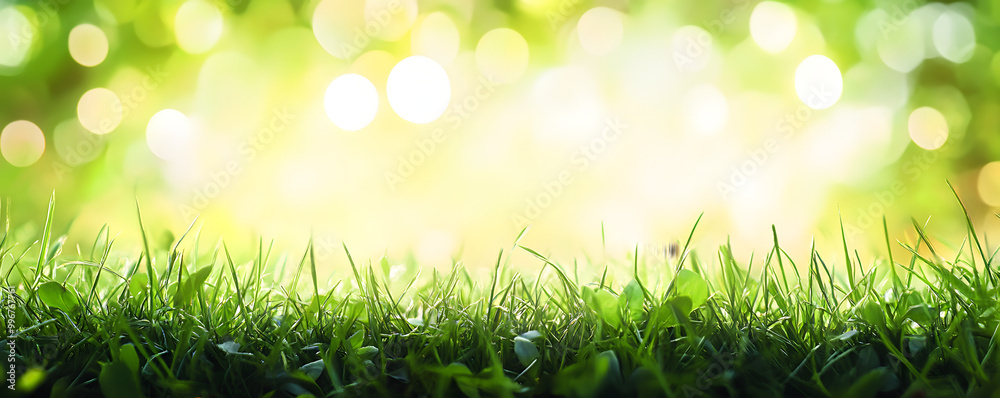 Obraz premium A fresh spring sunny garden background of green grass and blurred foliage bokeh.