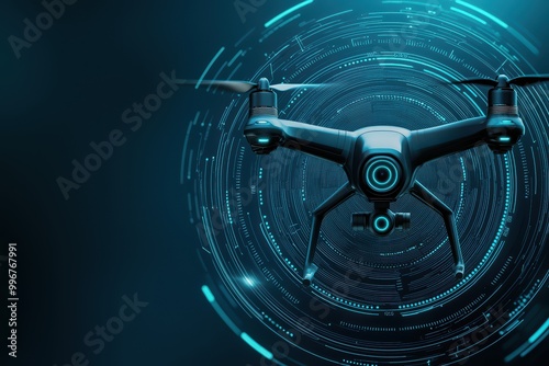 Futuristic drone design with a digital background and glowing circular patterns.