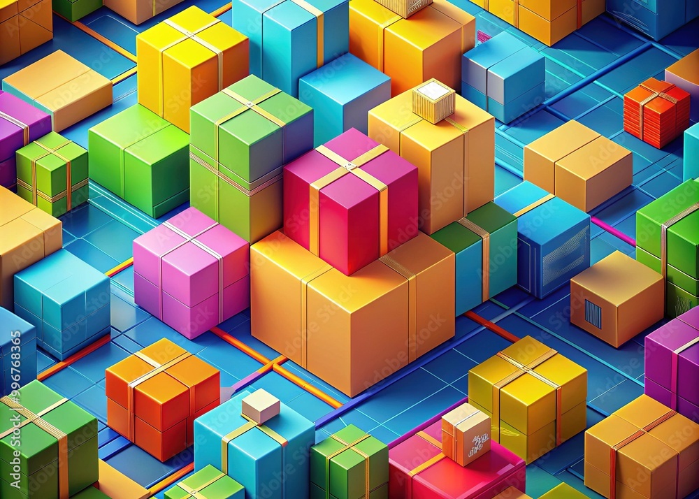 Vibrant illustration of colorful boxes and packages arranged in a stylized geometric pattern, conveying efficient and organized delivery process in a modern e-commerce setting. Vibrant illustration of colorful boxes and packages arranged in a stylized geometric pattern, conveying efficient and organized delivery process in a modern e-commerce setting.