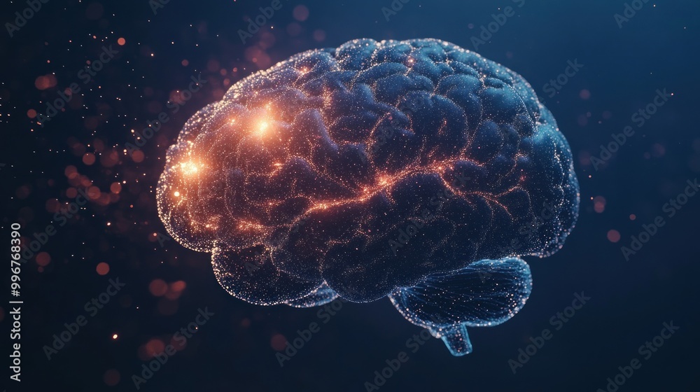 Fototapeta premium A digital representation of a brain with glowing neural connections and particles.