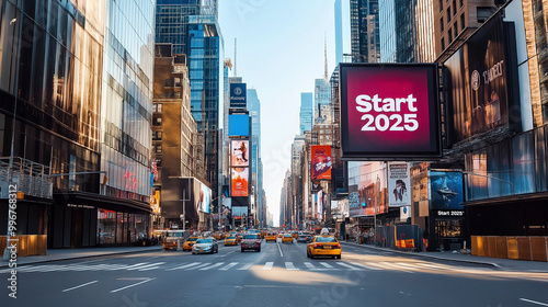 City street bustling with traffic featuring a large billboard that says Start 2025 during sunset in an urban setting