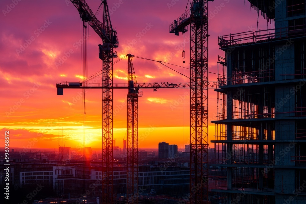 A stunning sunset casts colors over a city under construction. Tall cranes tower over the skyline. This photo embodies growth and opportunity in architecture. Generative AI A stunning sunset casts colors over a city under construction. Tall cranes tower over the skyline. This photo embodies growth and opportunity in architecture. Generative AI