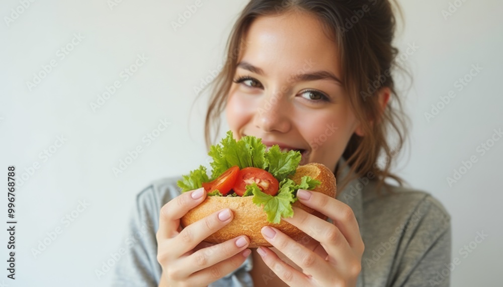 A cheerful woman is holding a sandwich with lettuce and vegetables, smiling as she prepares to take a bite. The scene is lighthearted and joyful. A cheerful woman is holding a sandwich with lettuce and vegetables, smiling as she prepares to take a bite. The scene is lighthearted and joyful.