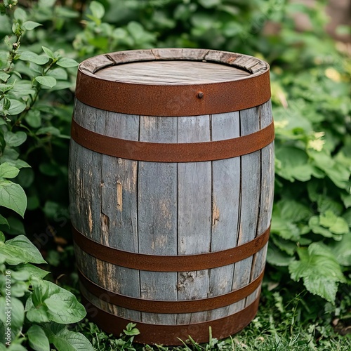 Weathered wooden barrel with chipped paint and rusted metal bands, placed in an overgrown garden, capturing rural rusticity