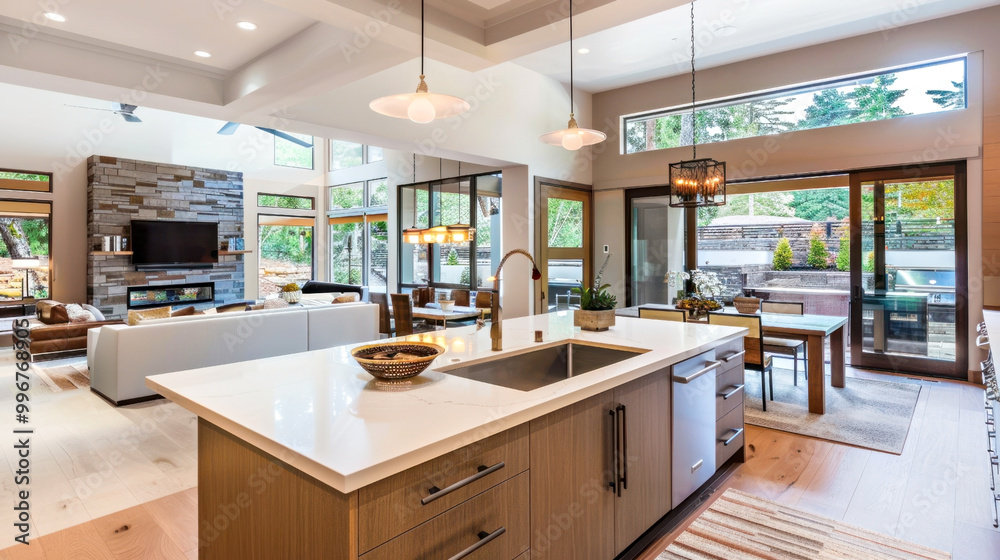 Modern open-concept kitchen and living room with large windows and stylish decor Modern open-concept kitchen and living room with large windows and stylish decor