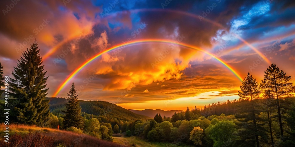 Vibrant rainbow arches over a dramatic dark silhouette of trees and hills, set against a warm and peaceful golden hour sky with soft clouds.