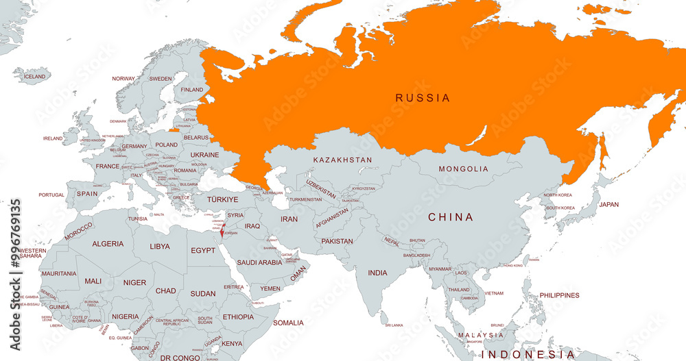 Obraz premium Map of israel and russia . Highlighting the two countries on the map.