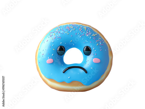 Sad blue donut with a face on blue background PNG transparent. photo