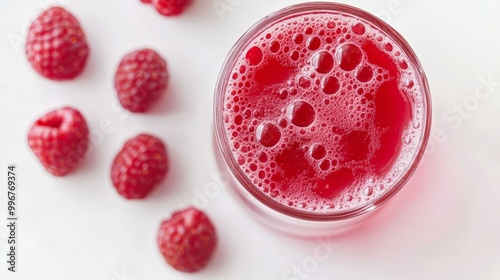 A glass filled with bright raspberry juice sits on a clean white surface, with a few fresh raspberries scattered nearby, inviting for a refreshing sip