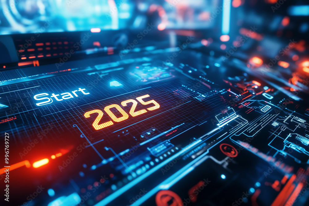 Futuristic digital display featuring graphic effects and the text Start 2025 to signify a new beginning in technology and innovation Futuristic digital display featuring graphic effects and the text Start 2025 to signify a new beginning in technology and innovation
