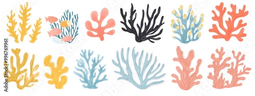 Seaweed, coral, and sea plants clip art set in a flat vector style on a white background with margins, in bright pastel colors