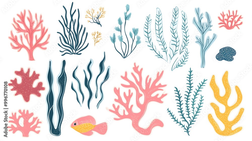 Fototapeta premium Seaweed, coral, and sea plants clip art set in a flat vector style on a white background with margins, in bright pastel colors