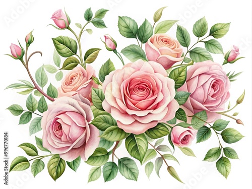 Whimsical illustration of blooming pink roses intertwined with lush greenery and delicate vines, set against a soft, creamy white background.