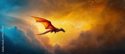 Vibrant Fantasy Scene: Majestic Dragon Soars Through Dusk Sky Over Volcanic Eruption Landscape. photo