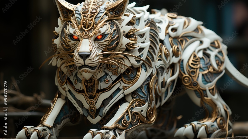 Mechanical Tiger Sculpture with Golden and White Armor Mechanical Tiger Sculpture with Golden and White Armor