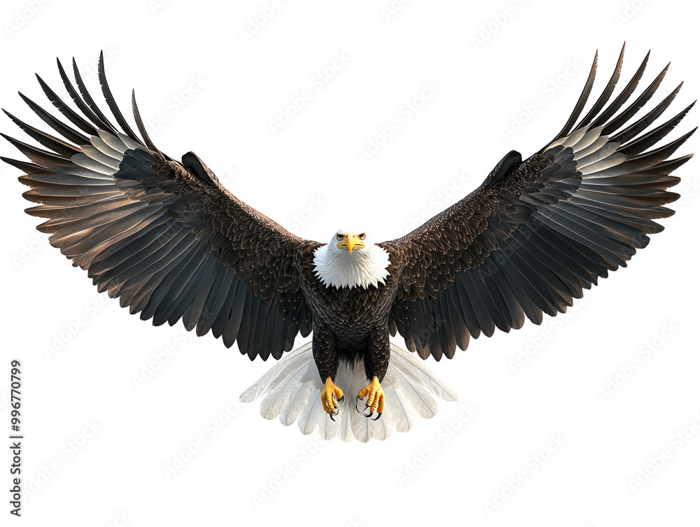 Obraz premium Bald eagle with wings spread on white background PNG transparent.