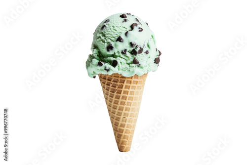 A single scoop of mint chocolate chip ice cream in a waffle cone, isolated on a black background.