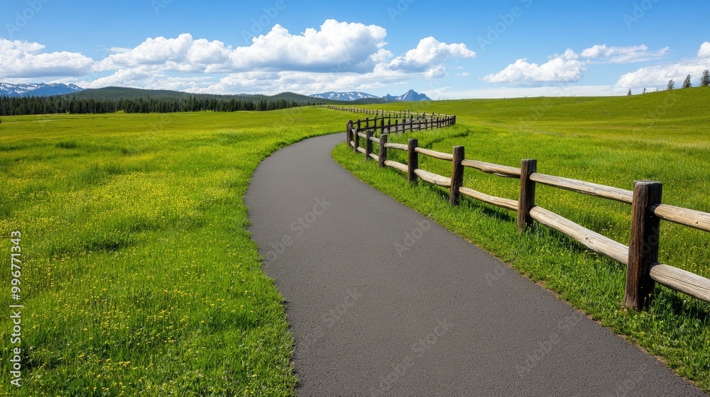 A serene walkway bordered by a wooden fence winds through green grass, leading toward majestic mountains in beautiful Yellowstone National Park A serene walkway bordered by a wooden fence winds through green grass, leading toward majestic mountains in beautiful Yellowstone National Park
