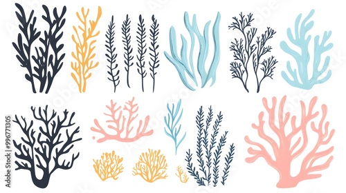 Seaweed, coral, and sea plants clip art set in a flat vector style on a white background with margins, in bright pastel colors