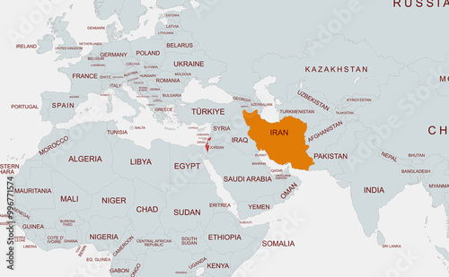 Map of israel and  iran . Highlighting the two countries on the map.