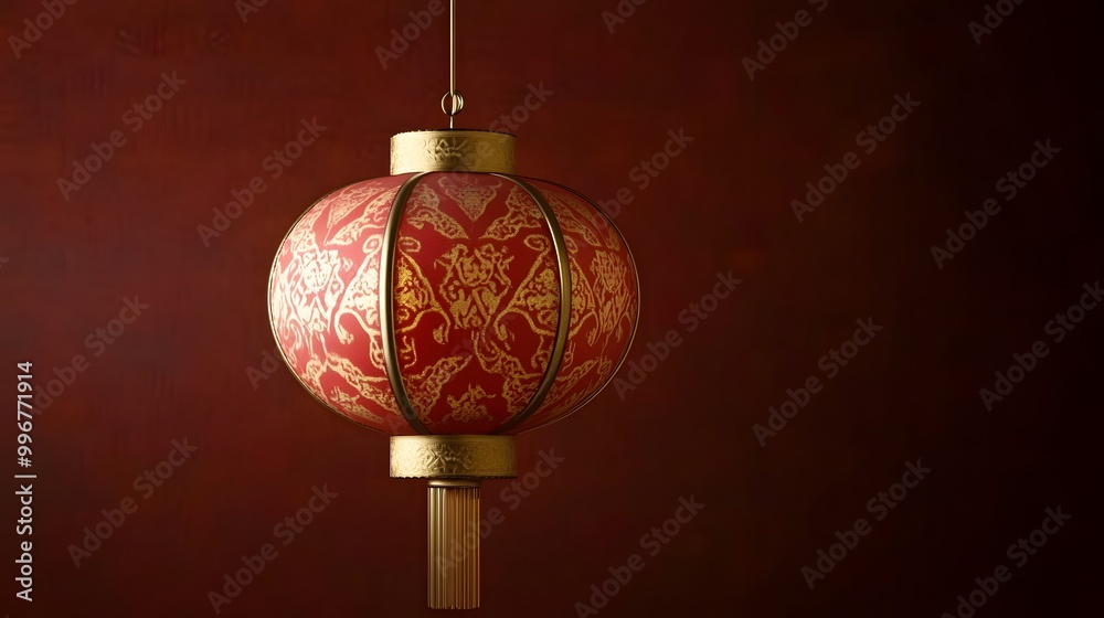 Hanging round lantern in red and gold with traditional patterns and simple cartoon details Hanging round lantern in red and gold with traditional patterns and simple cartoon details