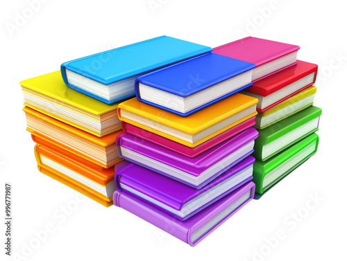 Stacks of colorful books on white background PNG transparent.