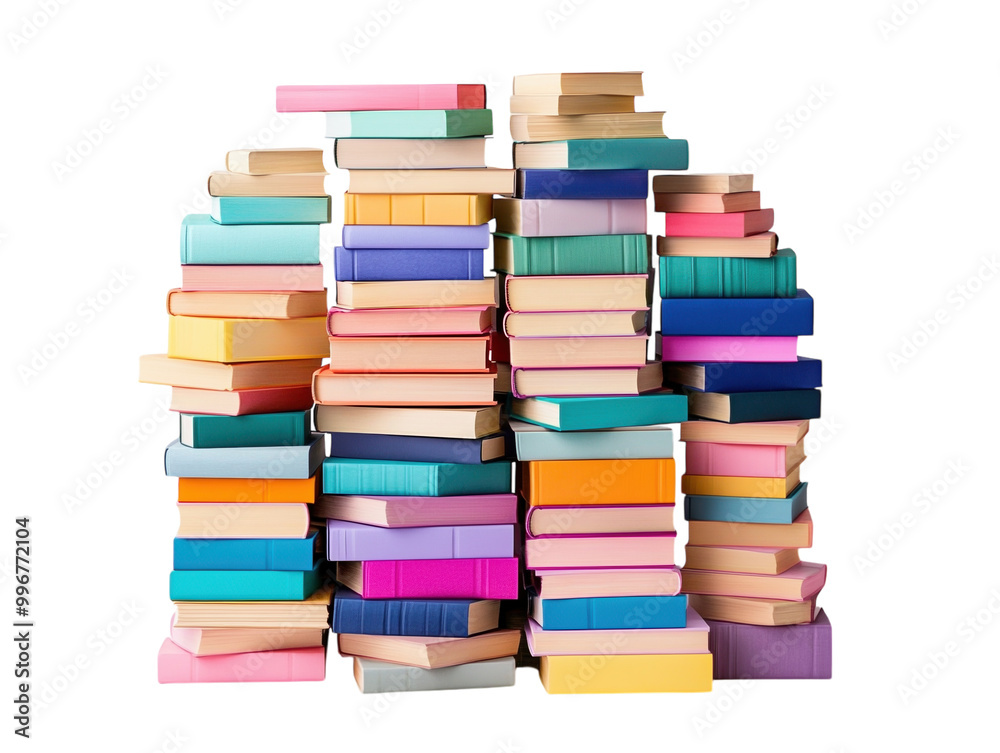 Stacks of colorful books on white background PNG transparent. Stacks of colorful books on white background PNG transparent.