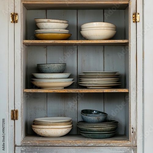 Worn-out kitchen cabinet with chipped paint, tarnished brass handles, and cracked shelves, filled with antique dishes, capturing rustic warmth