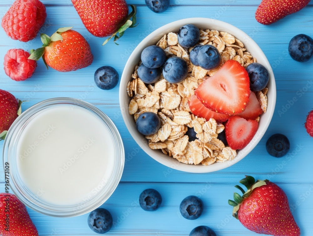 Fototapeta premium healthy breakfast, glass bowl and fruit, oats, or muesli from which strawberries and mint leaves fall out, along with some nuts. A spoon lies nearby with more fruits inside, as well as a flower bloom