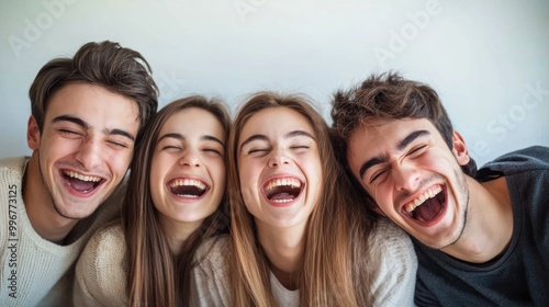 a group of friends laughing together, with one person looking bashful and smiling, representing social dynamics photo