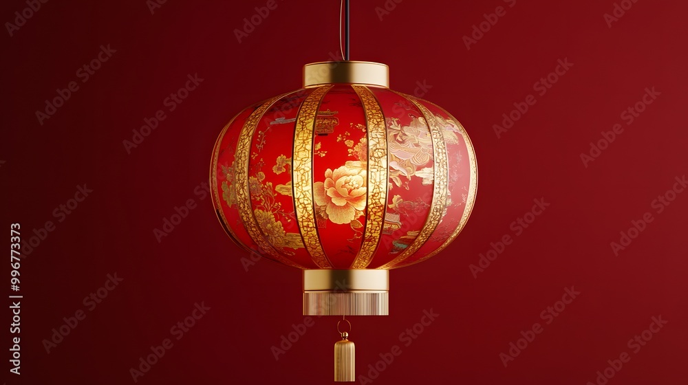 Hanging round lantern in red and gold with traditional patterns and simple cartoon details Hanging round lantern in red and gold with traditional patterns and simple cartoon details