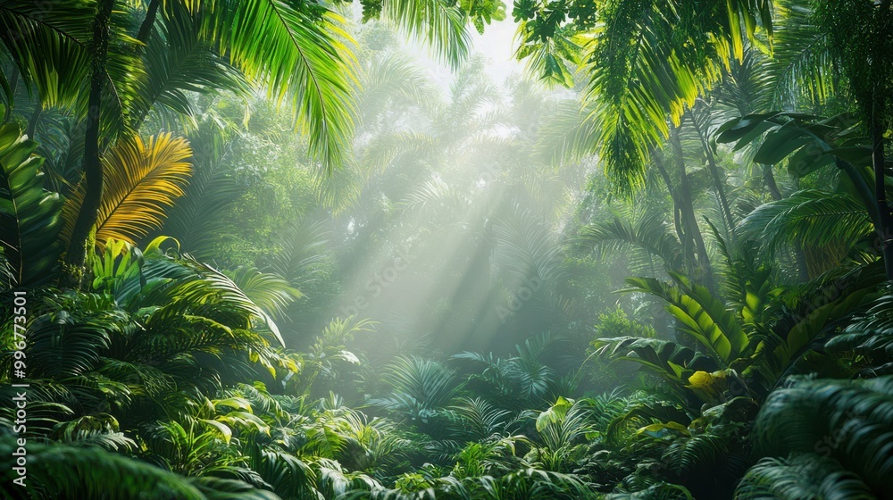 Obraz premium Dense Tropical Rainforest with Dappled Sunlight