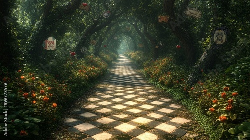 Wonderland Pathway with Signs Banner background of Mad Hatter Day Wonderland Pathway with Signs, for banner, 